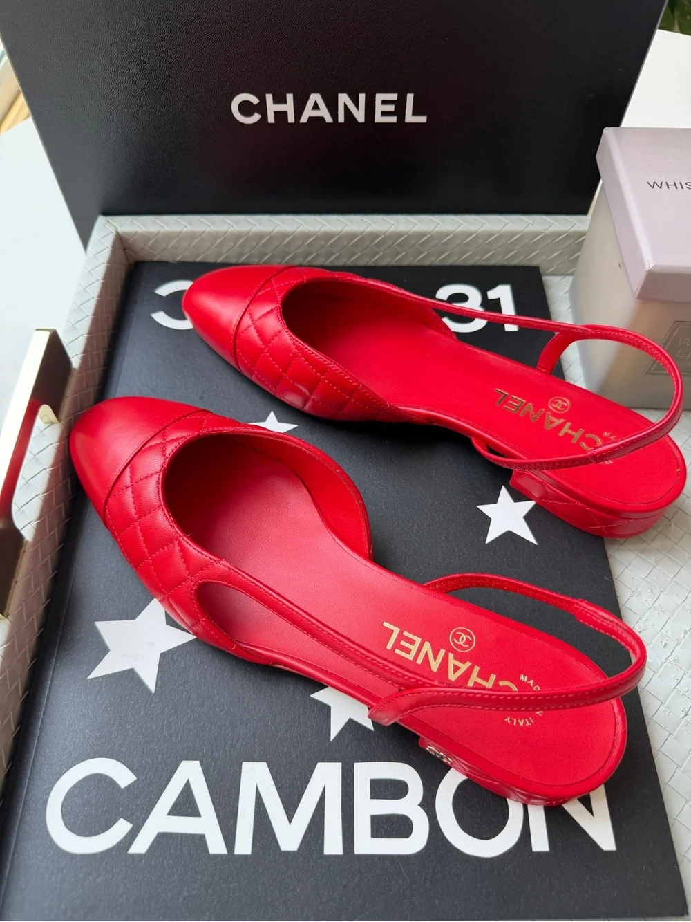 Chanel 26B Red Agneau Rouge Quilted Lambskin Leather Slingback CC Flats 39.5 NIB